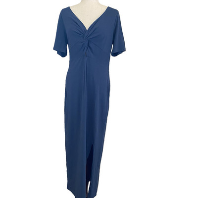 Pact Organic Cotton Maxi Dress L Blue Front Knot Keyhole S/S Slit Coastal Travel