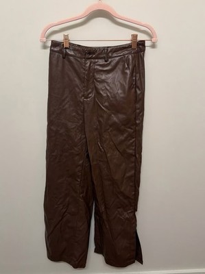 Brown Faux Leather Straight Leg Dress Pants with Side Slits and Pockets