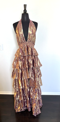 Love Shack Fancy Dress L Bronze Rose Gold Bexlie Halter Maxi in Pink Orchid  | eBay