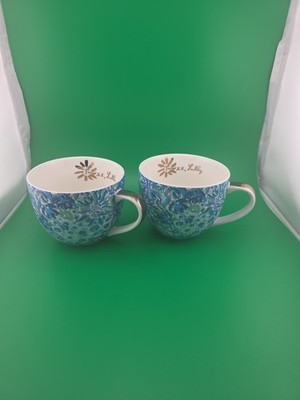 Lilly Pulitzer Ceramic Coffee Tea Cup Mug Set of 2 Blue White Tiger Lily Floral