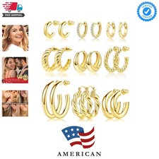 9 Pairs Gold Hoop Earrings Set for Womens Twisted Huggie Hoops Earrings 14K 1...