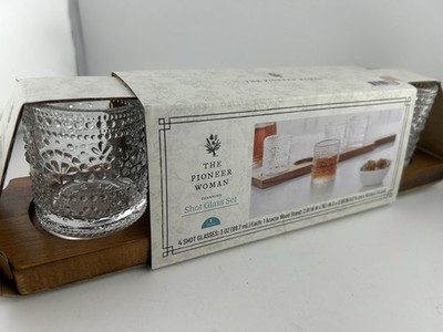 Pioneer Woman Shot Glass Flight Board 3oz Embossed Clear Acacia Wood 4 NEW