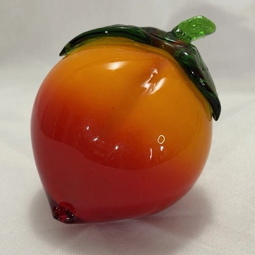 Murano Style Hand Blown Art Glass Peach Vintage Retro Fruit Paperweight Decor