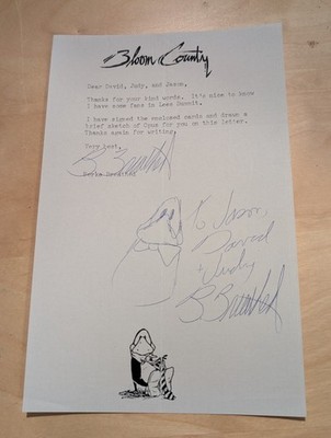 Bloom County Berke Breathed Typed And Signed Letter With Sketch Of Opus Penguin 