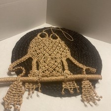 Jute FROG Macrame Wall Hanging Wood Eyes Sitting On A Branch Hand Made