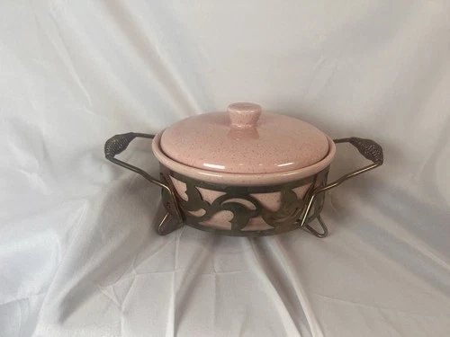 Vintage Bauer Pottery Pink Speckled Casserole Dish w Lid & Metal Warming Stand