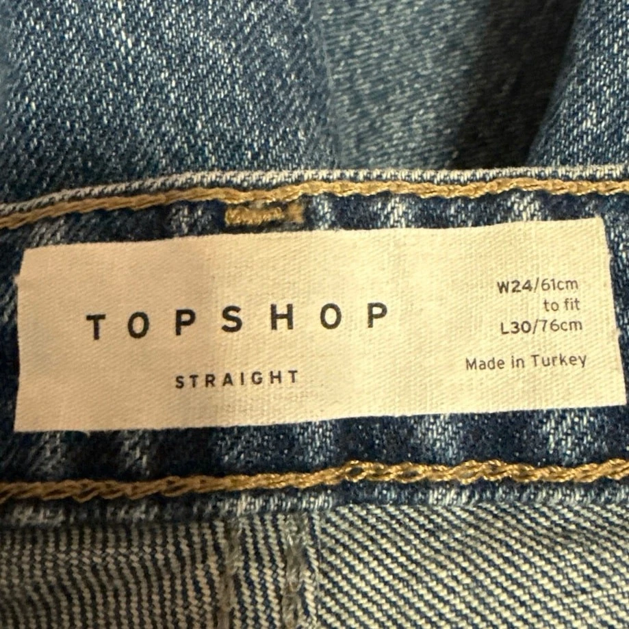 Topshop Women's Blue High Waisted Straight Leg Raw Hem Cropped Denim Jeans Sz 24 - Image 4 of 4