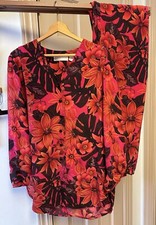 Dana Buchman Vintage 90s Silk Boho Pants Suit Size 8 Red Black Orange Gray EUC