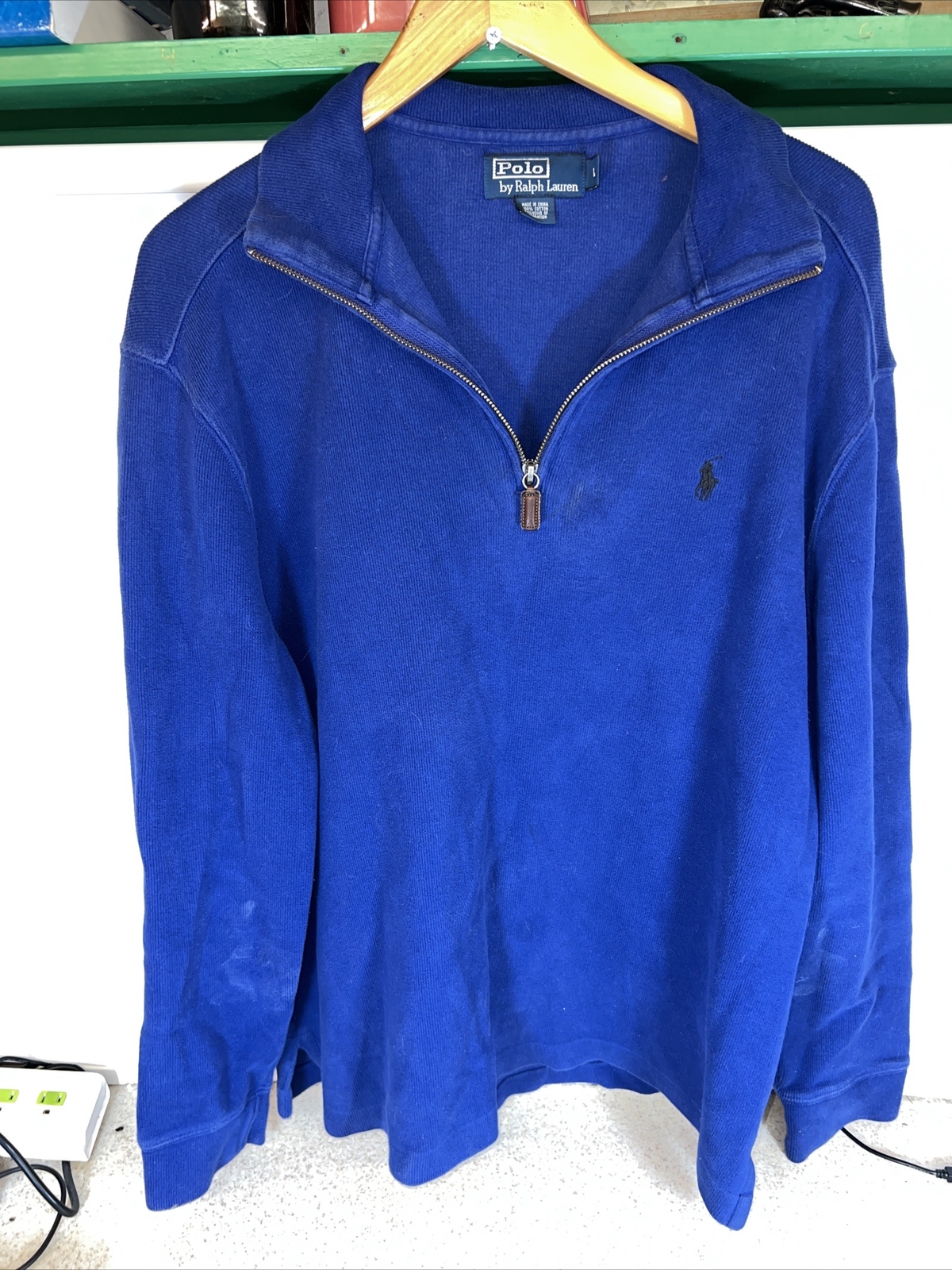 Maglione Polo Ralph Lauren da uomo grande quarto blu cerniera pullover pony