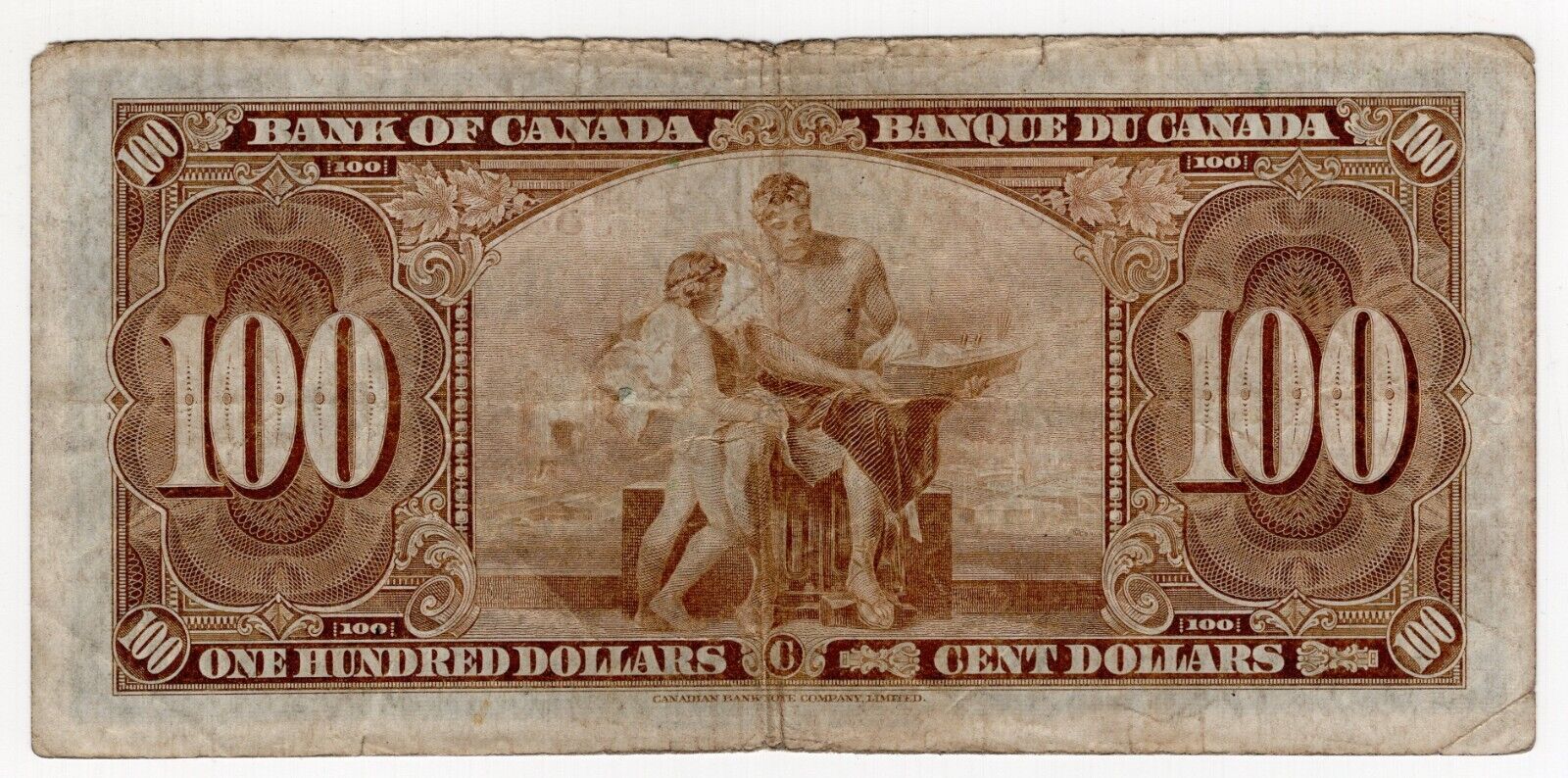 1937 BANK OF CANADA ONE HUNDRED 100 DOLLAR BANK NOTE BJ 3398616 NICE BILL