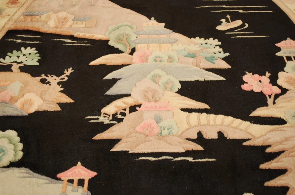 c1970's MINT ART DECO CHINESE OVAL RUG 6'x9" SCENERY DESIGN_COMFORTING SOFT WOOL - Image 4 of 4