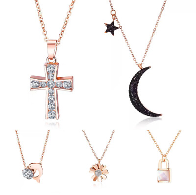 Womens Girls Rose Gold Cross Charm Pendant Necklace Fashion Jewelry Gift For Her