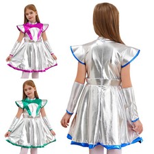 Kids Girls Dress Halloween Alien Cosplay PU Patchwork Costume Sparkly Dance