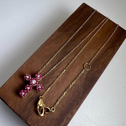 Cross Ruby Necklace Coo Ponte Vecchio Flower 0.43ct Diamond 0.12ct K18 Japan - Picture 3 of 8