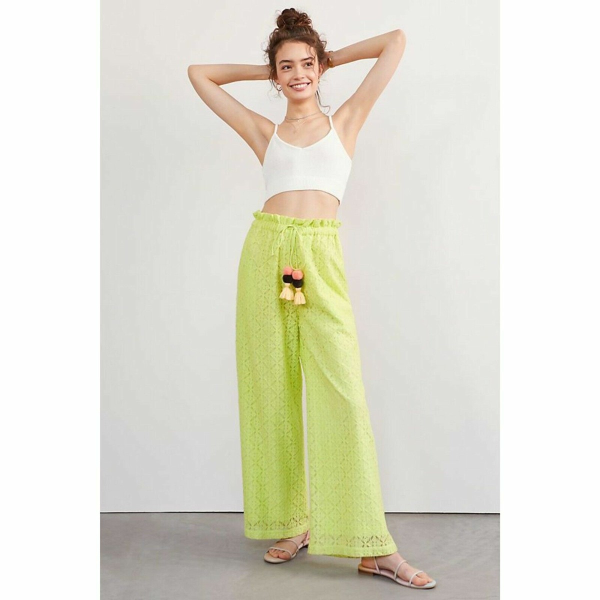 Anthropologie Ollari Lacy Wide Leg Pant Chartreuse Neon Lime Pom