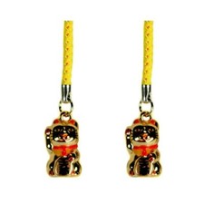 SET OF 2 LUCKY GOLD CAT BELL CHARM Beckoning Kitty Maneki Neko Brass Phone Strap