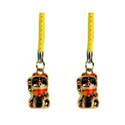 SET OF 2 LUCKY GOLD CAT BELL CHARM Beckoning Kitty Maneki Neko Brass Phone Strap