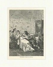 Liebeserklärung Paar Wohnzimmer Vitrine Sofa Teppich Tapete Holzstich E 3617