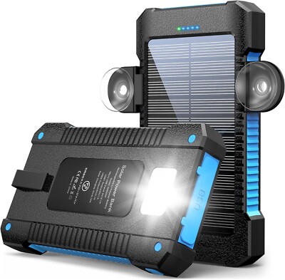 20000mAh Portable Solar Power Bank 3 USB Output External Battery Charger Blue
