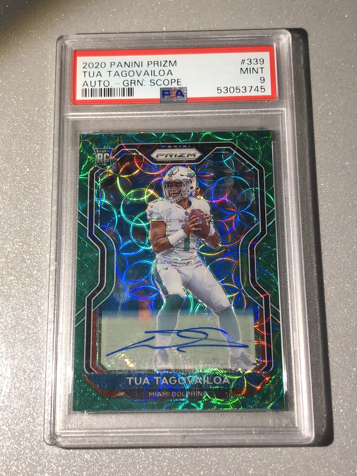 2020 TUA TAGOVAILOA Prizm 339 Green Scope Auto /75 Dolphins🐬 Color Match PSA 9