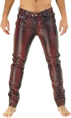 Men's Red Black Embossed Snakeskin Print Pants Slim Fit Leather Trousers