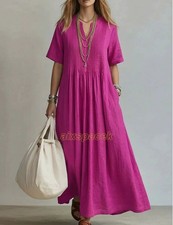 Ladies Summer Boho Long Dress V Neck Pleated Short Sleeve Cotton Linen Maxi