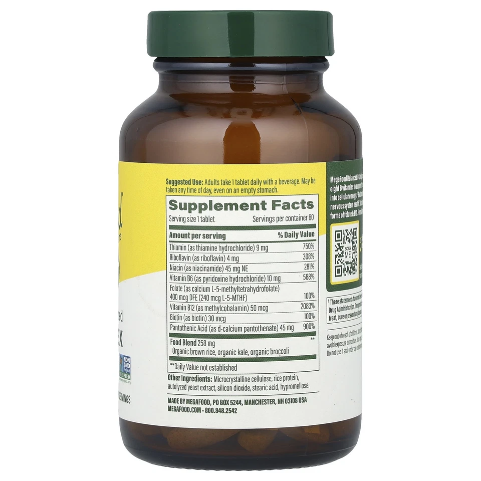 MegaFood Balanced B Complex 60 Comprimidos Sin Lácteos, Sin Gluten, Sin Soja, Vegano, Foto 2 de 3