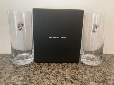 PORSCHE DESIGN NEW & UNUSED, BOXED PAIR OF TALL DRINKING GLASSES W/PORSCHE CREST