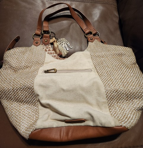 Bolso de Mano Sakroots Beige Floral Yute Paja Mediano Bolso Cartera Doble Correa - Imagen 2 de 5