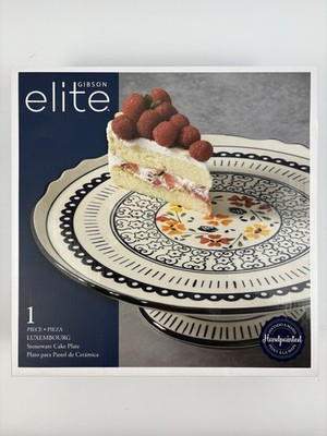 Gibson Elite Luxembourg Stoneware Cake Plate Blue White Hand painted NEW