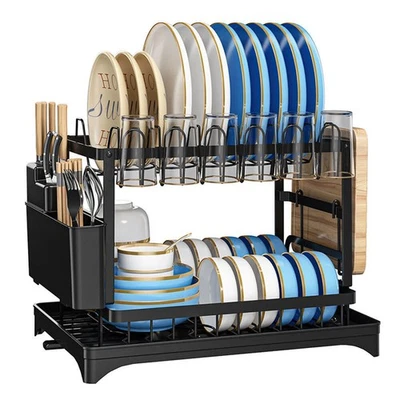 2-Tier Dish Drainer Rack Cutlery Holder Plate Rack Kitchen Sink with Drip Tray