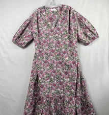MNG Dress Womens 10 Maxi Shift Floral V-neck Ruffled Hem Relaxed Cottage Core