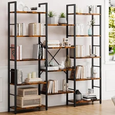 Triple Column 5 Tier Bookshelf, Industrial Large Bookcase with 14 Open Display S