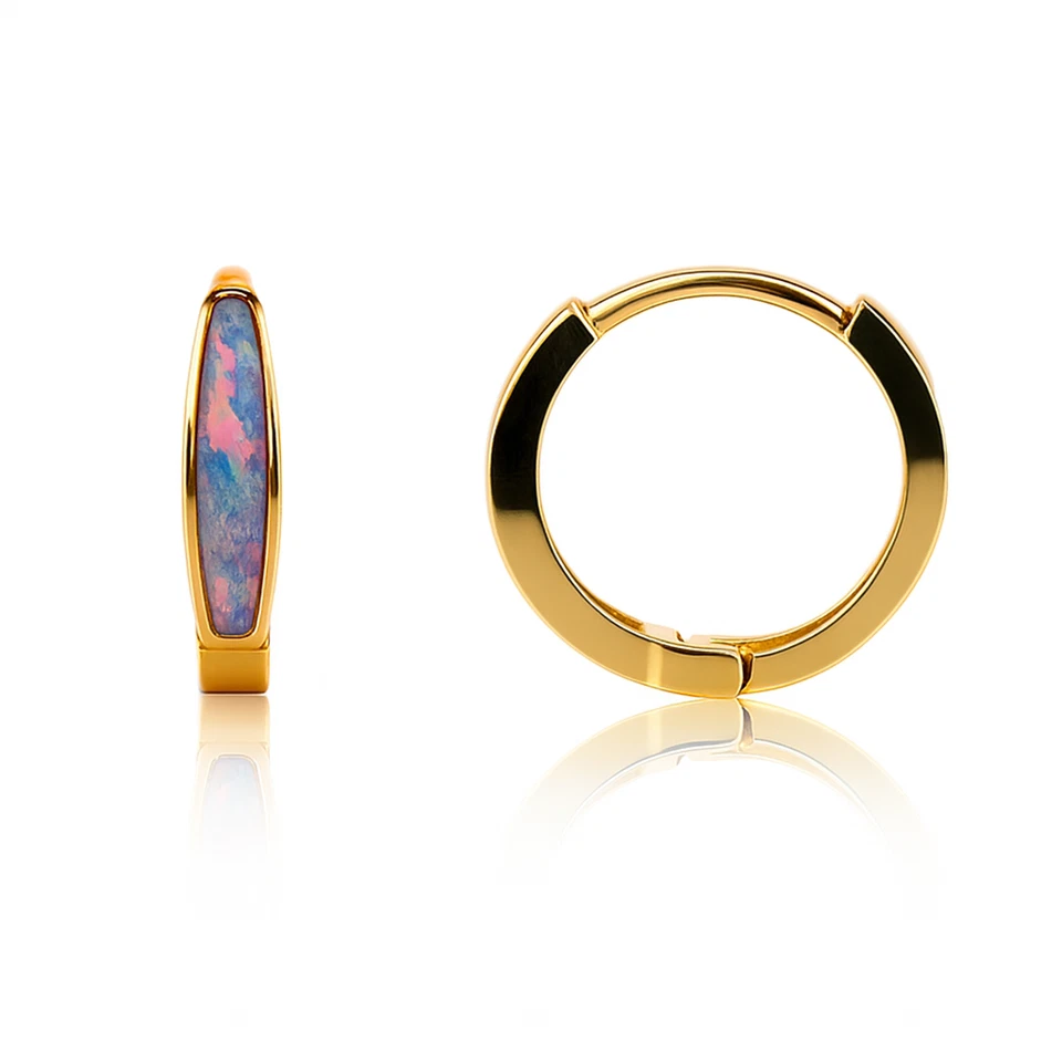 Pendientes de aro Huggie de ópalo púrpura de oro amarillo de 14k Foto 2 de 2