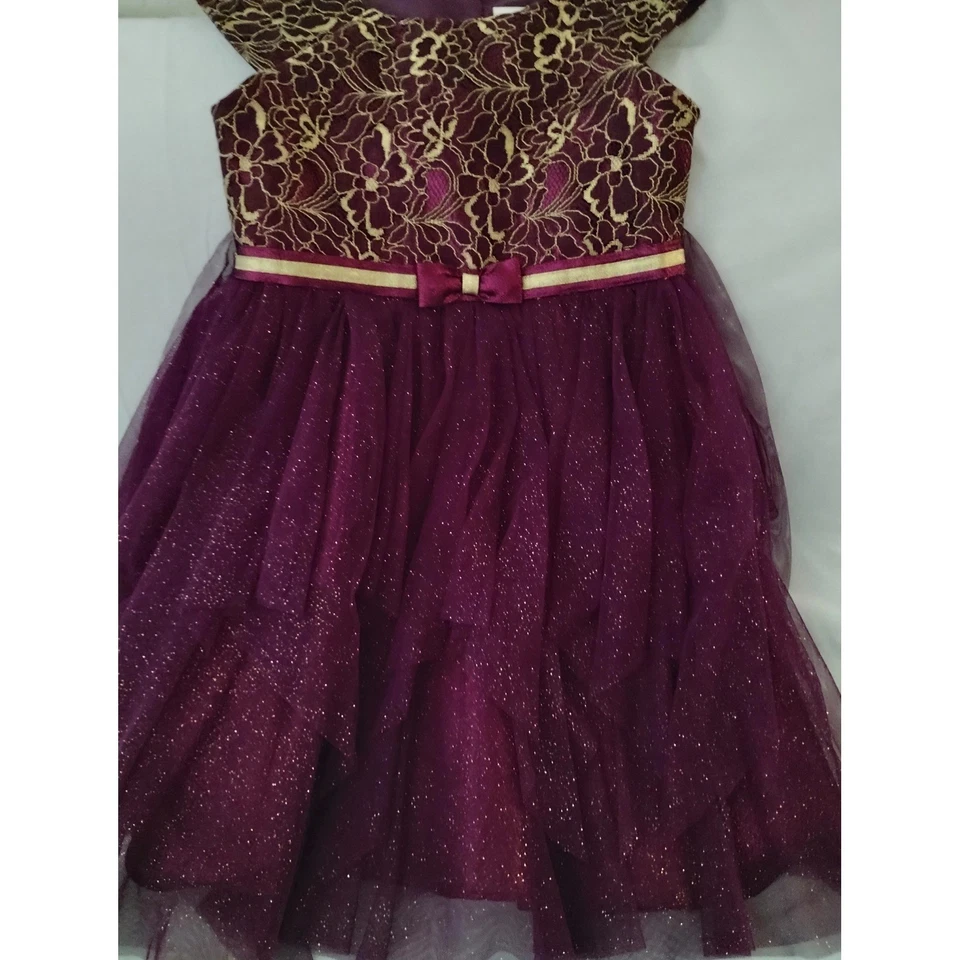 Vestido de fiesta para niñas Borgoña Dorado Encaje Brillante en capas Ocasión Vacaciones Talla 8 Foto 3 de 4