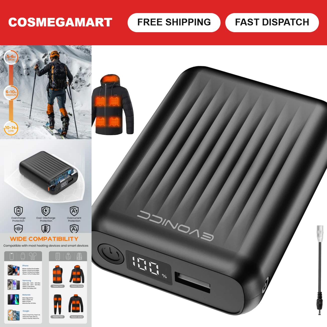 12V 18400mAh Heated Jacket Battery Pack, Portable Power Bank with Digital Displa - product detail image 1