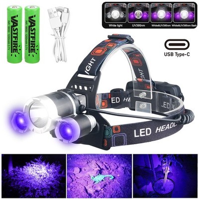 UV & White LED Headlamp Head Lamp Headlight 4-Modes USB Rechargeable Work Light