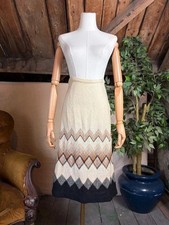 Vintage 70s Cream Gold Black Geometric Wool Midi Skirt 10