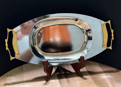 Vintage Kromex Serving Tray Platter  Brass Handles