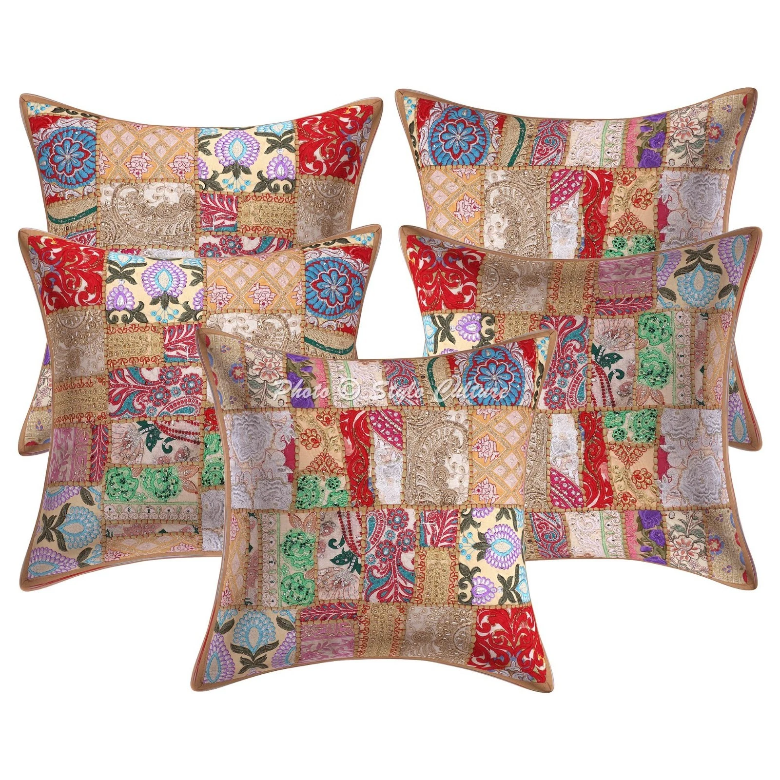 Indian Vintage Patchwork Throw Pillow Covers Cotton Khaki 20x20 Boho Home Decor