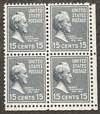 US, #820 Block of 4;  Mint; NH; OG; Presidential Issue of 1938; James Buchanan