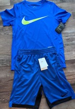 NWT Nike Boys YXL Royal Blue/Neon Yellow/Black BIG SWOOSH Dri-Fit Shorts Set