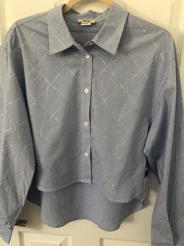 Jason Wu Womens Small Rhinestone Shirt Blue/White Blouse Button Up $245