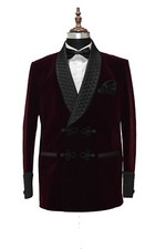 Men Burgundy Smoking Jackets Quilted Shawl Lapel Blazer Dinner Party Wear Coats