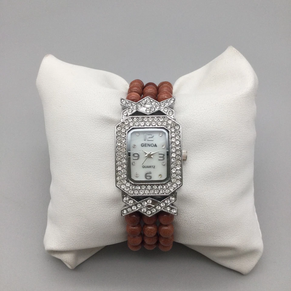Vtg Genoa Watch Women 24mm Silver Tone MOP Brown Beaded Band New Battery 6.75" - Image 2 of 4