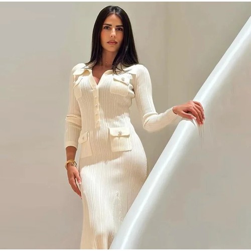 Knitted Elegant Party Dresses Woman Slim Button Pockets Long Dresses Office Lady - Foto 14 di 19