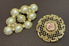Pink Rose Faux Pearl Brooch Pin Lot Vtg Unsigned 1928 Filigree Gold Tone Ceramic