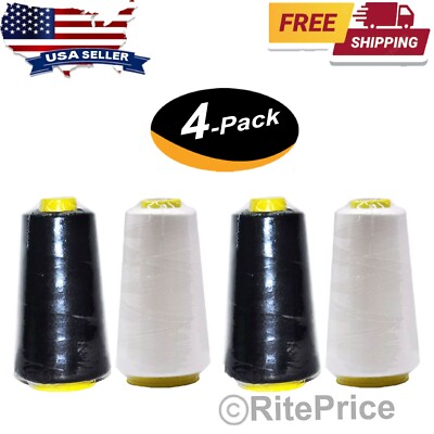 4 Pcs (2 WHITE & 2 BLACK) 2500 Yards Each Spools Sewing Thread 100% Polyester