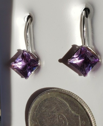 Amethyst Created Princess Cut Dangle Leverback Earrings 14kt Solid White Gold - Picture 5 of 12