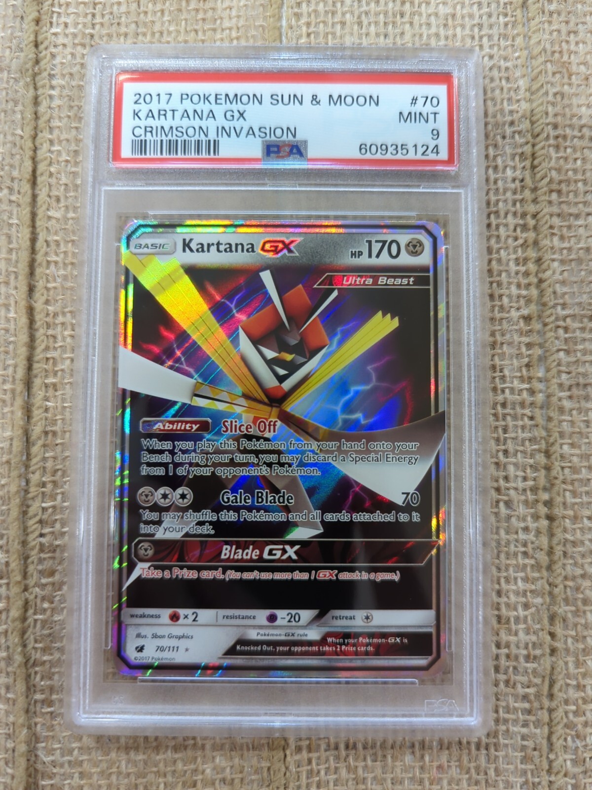 PSA 9 Graded 2017 Pokemon Sun & Moon Kartana GX Crimson Invasion #70